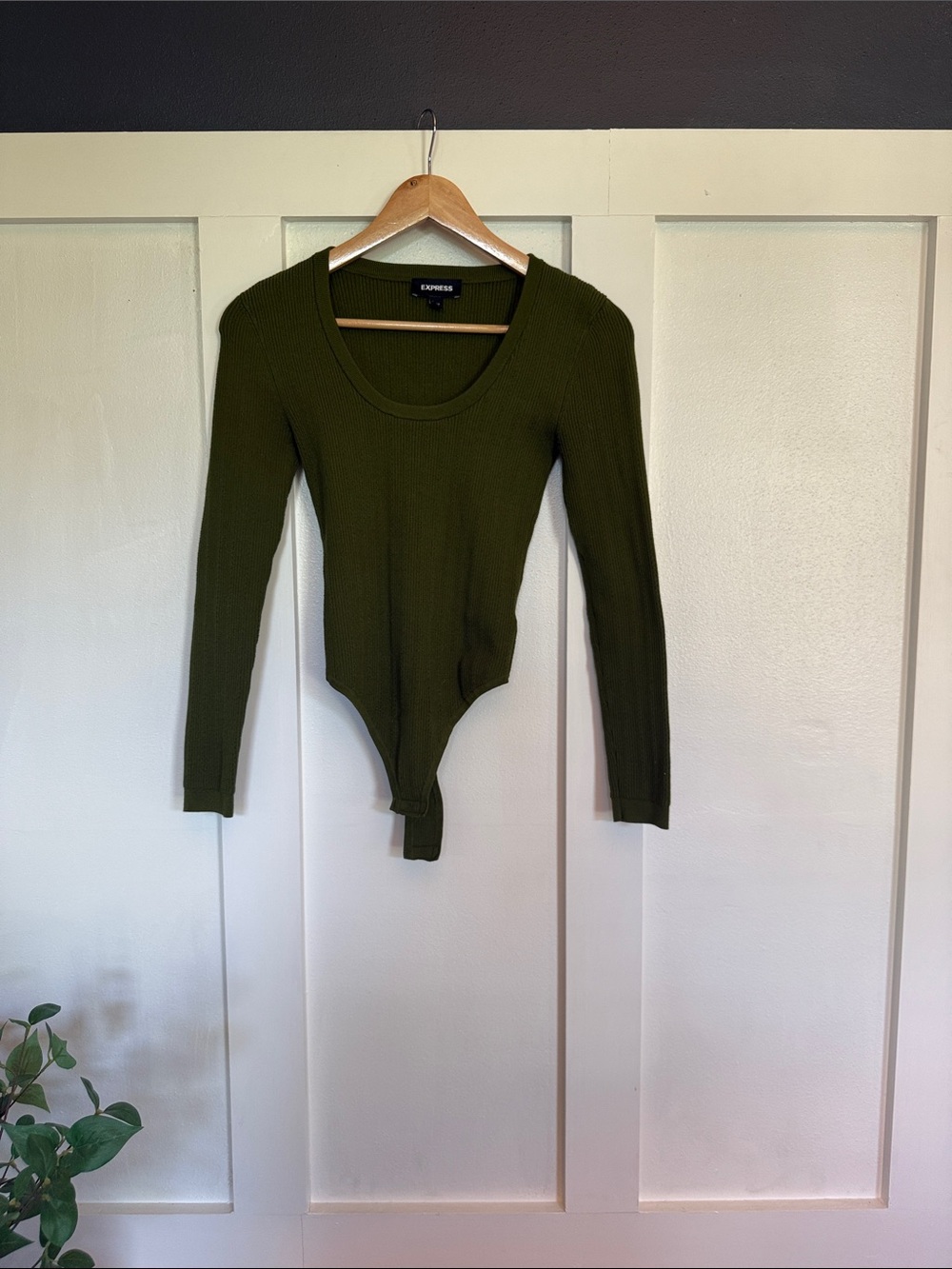 Express Olive Green Ribbed Long-Sleeve Bodysuit
